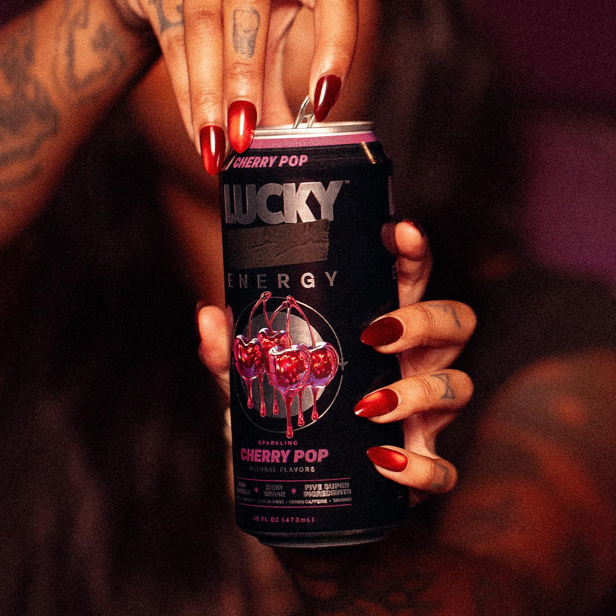 Lucky Energy Cherry Pop 12-pack packaging for on-the-go energy