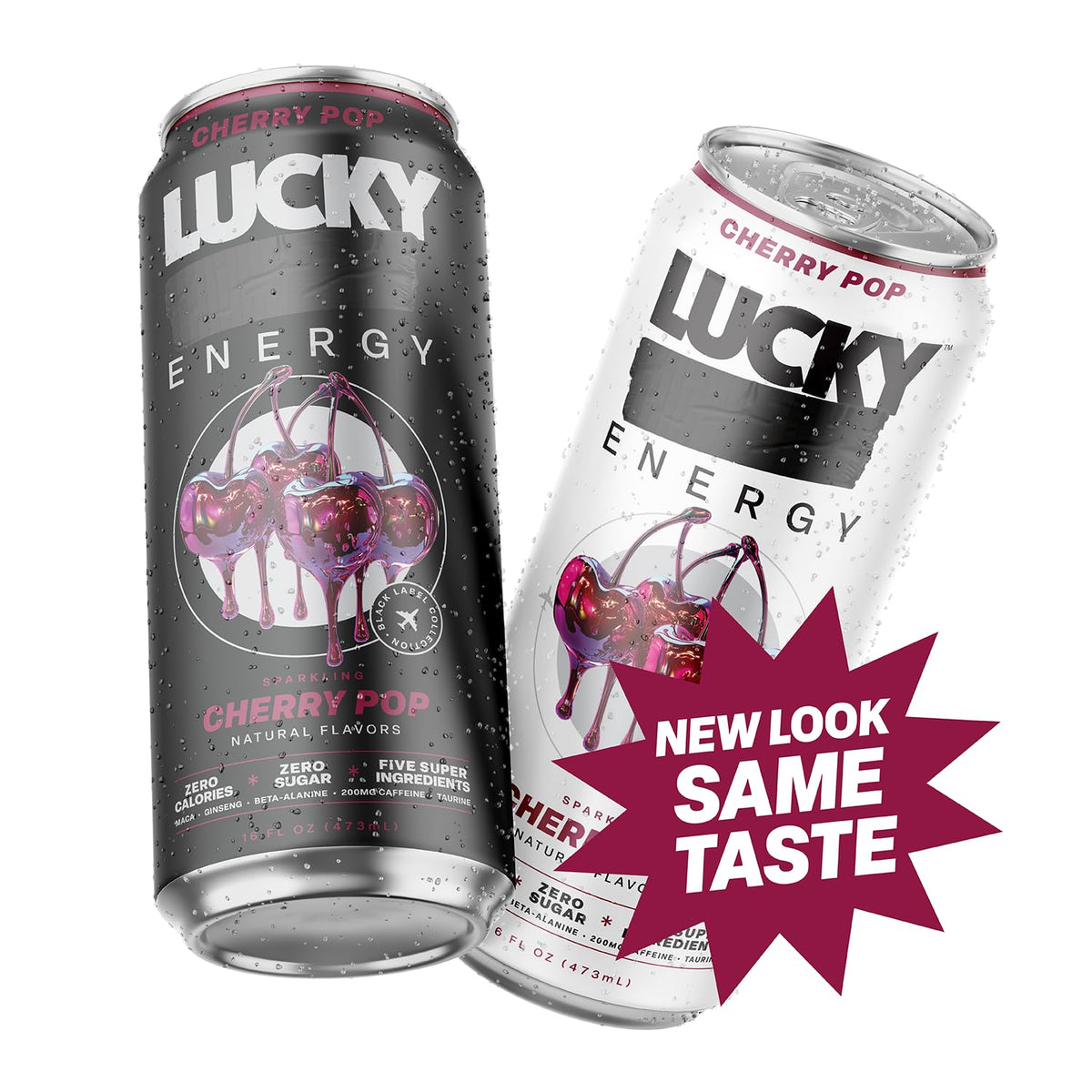 Lucky Energy Cherry Pop can close-up with maca and ginseng for focus