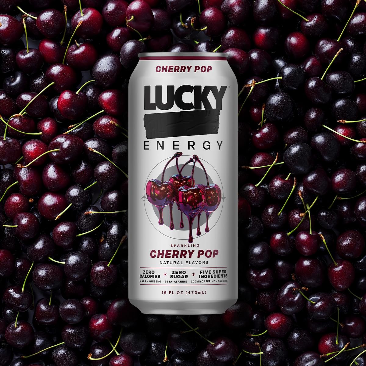 Lucky Energy Cherry Pop nutrition facts highlight zero sugar and caffeine