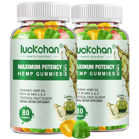 LUCKCHAN Hemp Gummies bottle front with potency and branding for daily wellness.