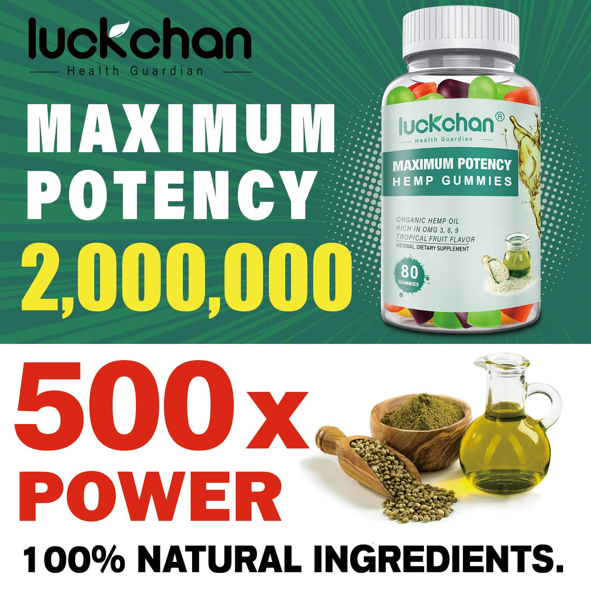 LUCKCHAN Hemp Gummies close-up shows smooth texture and natural coloring.