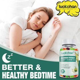 LUCKCHAN Hemp Gummies label detail highlights gluten-free and non-GMO ingredients.