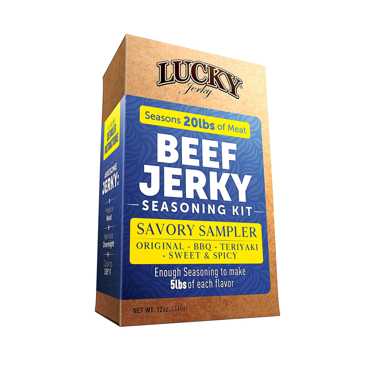 Lucky Beef Jerky kit front view with four flavors for at-home jerky making.