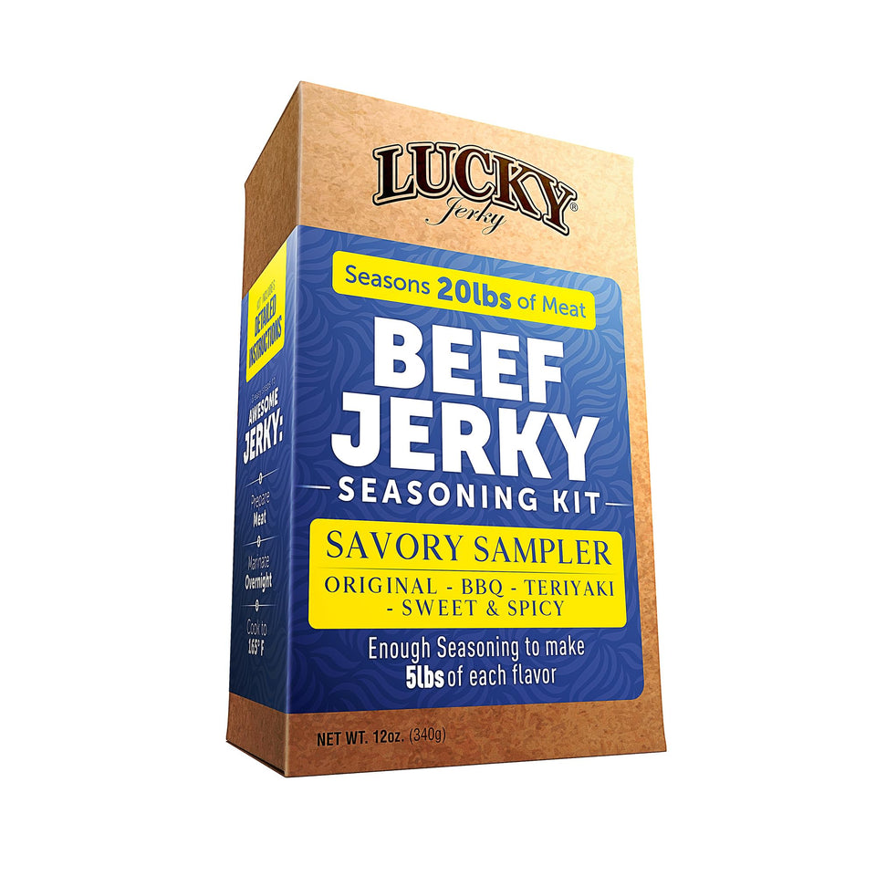 Lucky Beef Jerky kit front view with four flavors for at-home jerky making.
