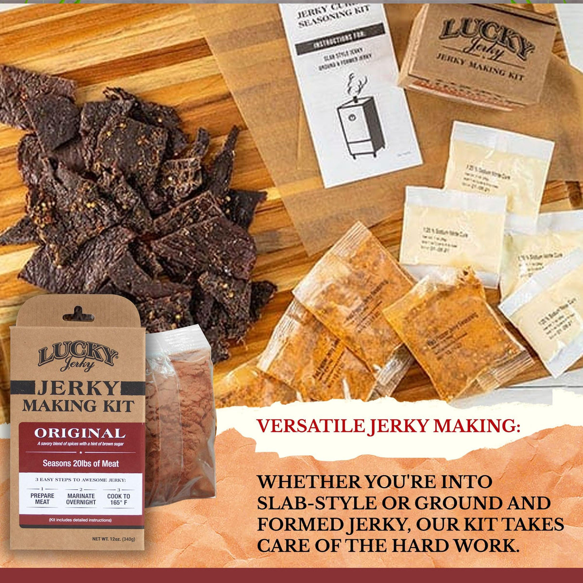 Lucky Beef Jerky Original DIY seasoning kit slab-style packaging ideal for venison or beef jerky.