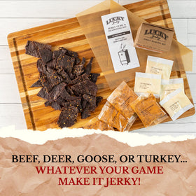 Lucky Beef Jerky cure kit label with usage directions for consistent results.