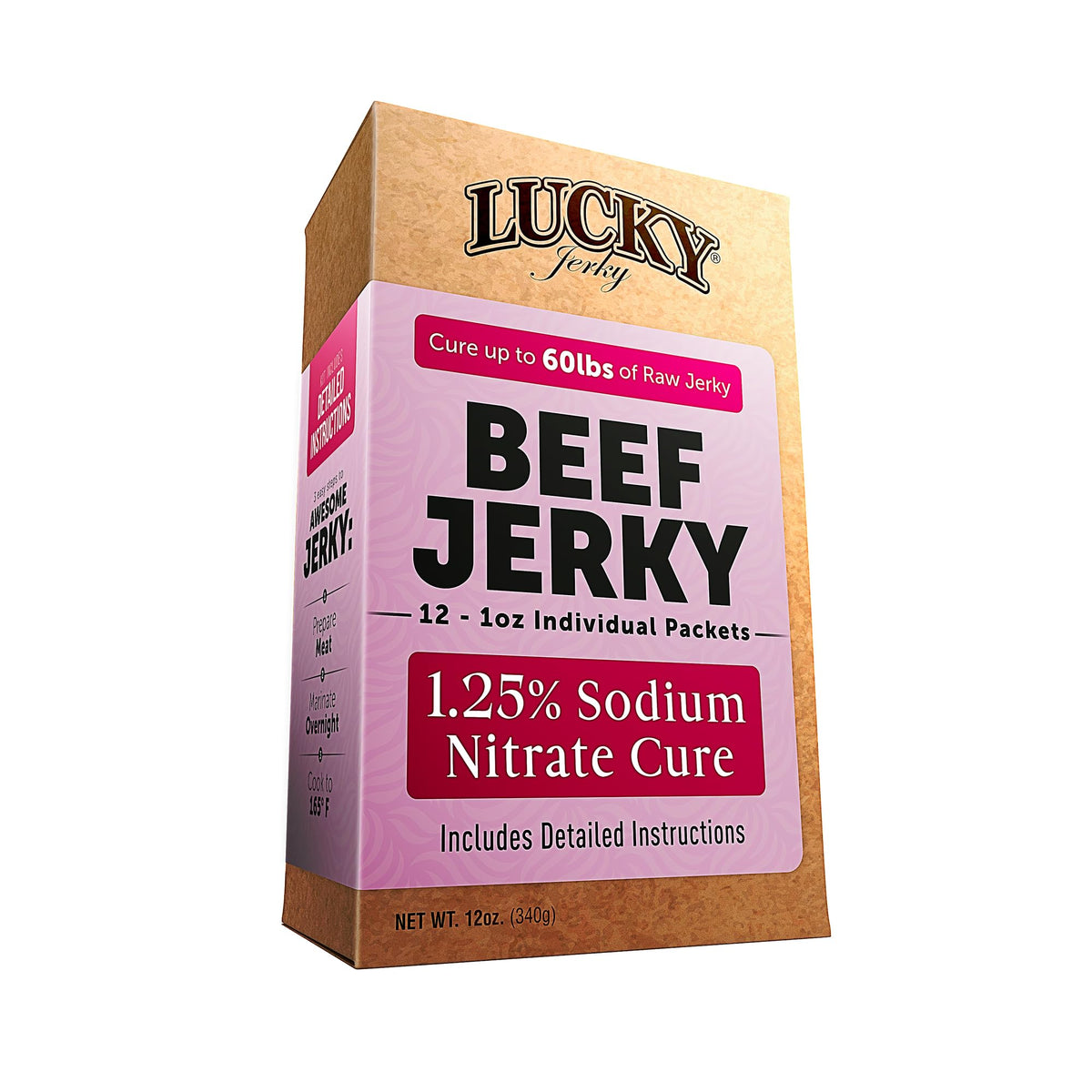 Lucky Beef Jerky seasoning cure kit packaging showing the full home curing system benefits.