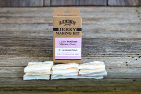 Lucky Beef Jerky cure kit spice bottle enabling flavor customization at home.