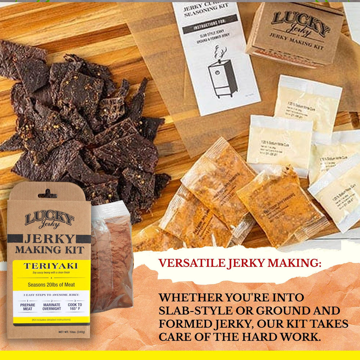 Lucky Beef Jerky Teriyaki DIY Kit components enable precise seasoning and cure.