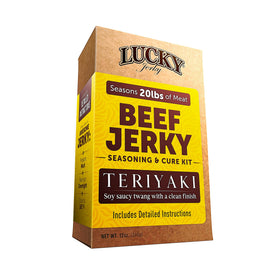 Lucky Beef Jerky Teriyaki DIY Kit packaging promotes simple family jerky projects.
