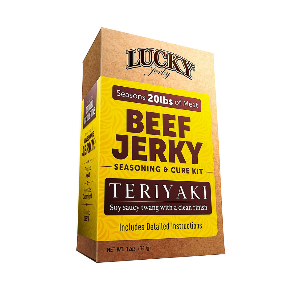 Lucky Beef Jerky Teriyaki DIY Kit packaging promotes simple family jerky projects.