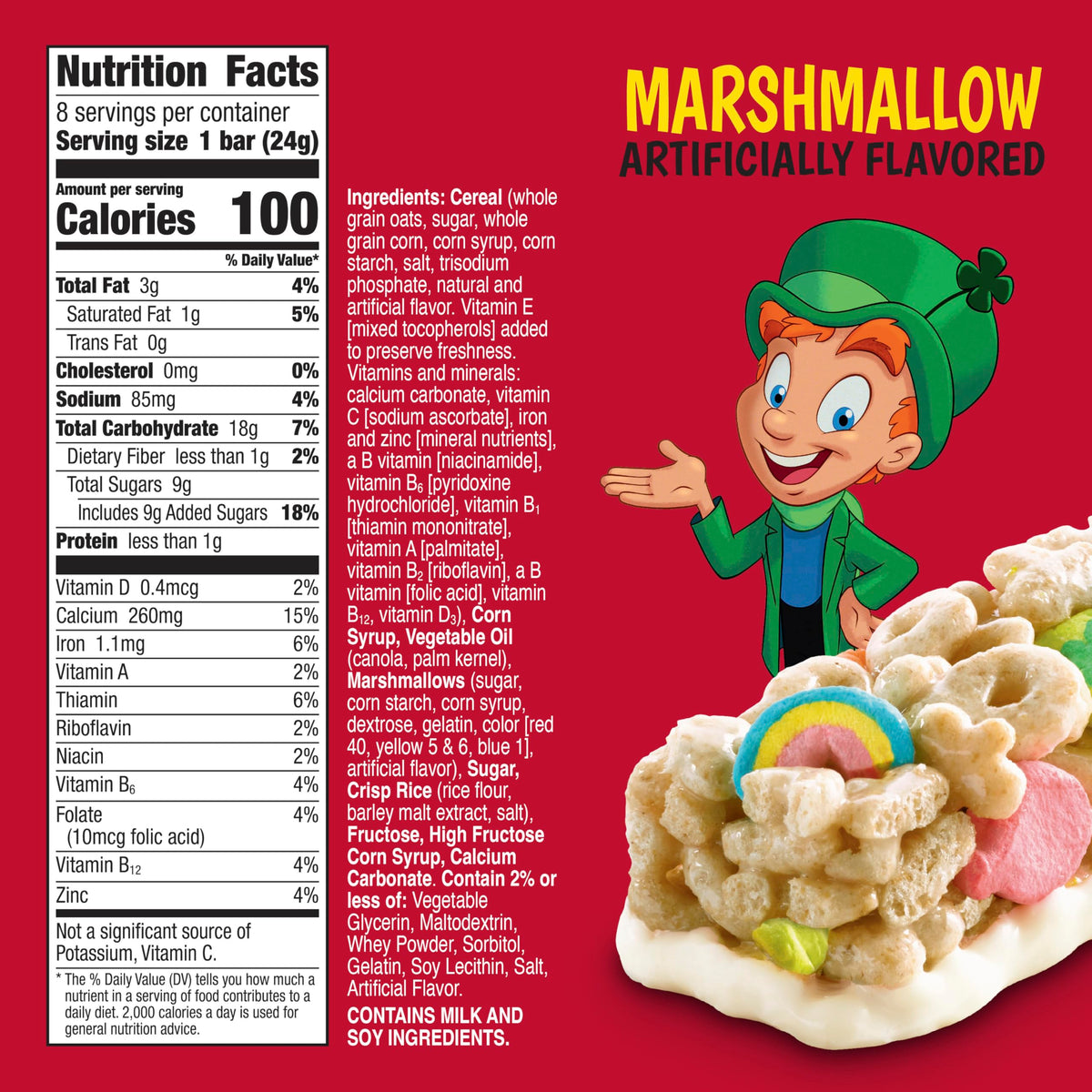 Lucky Charms Treat Bars close-up of cereal pieces and marshmallows.