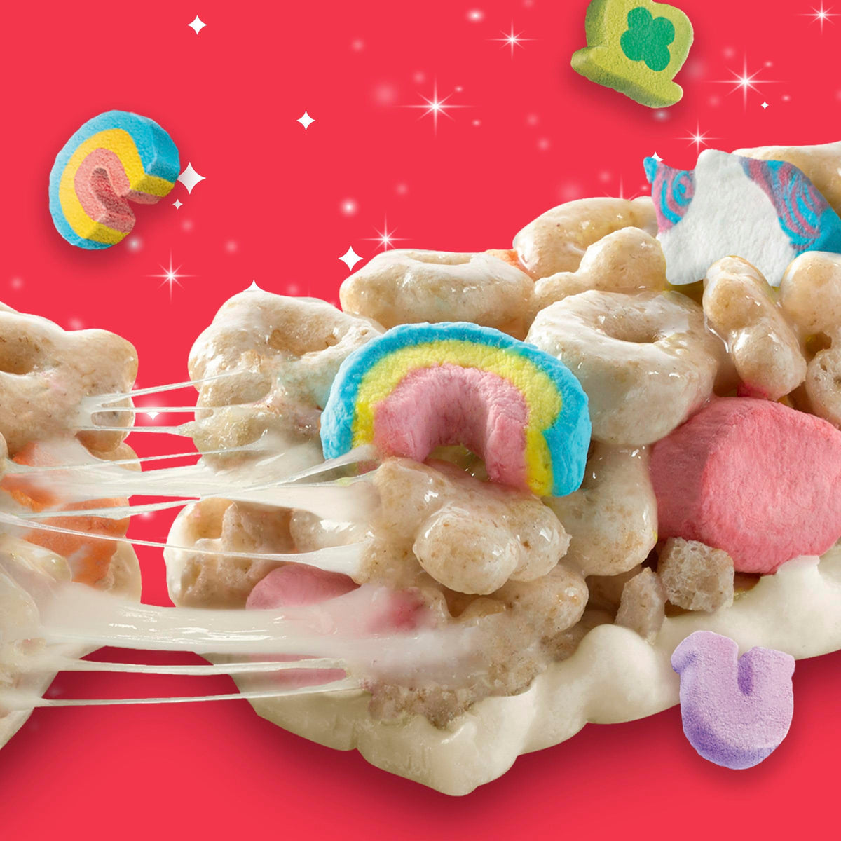 Lucky Charms Treat Bars marshmallows detail for a magical bite.