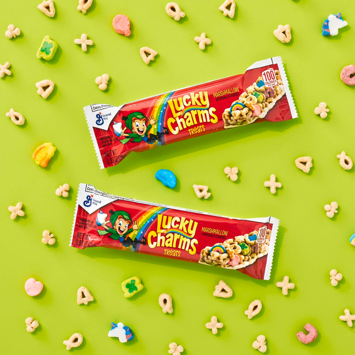 Lucky Charms Treat Bars single-serve wrapper ideal for car trips.