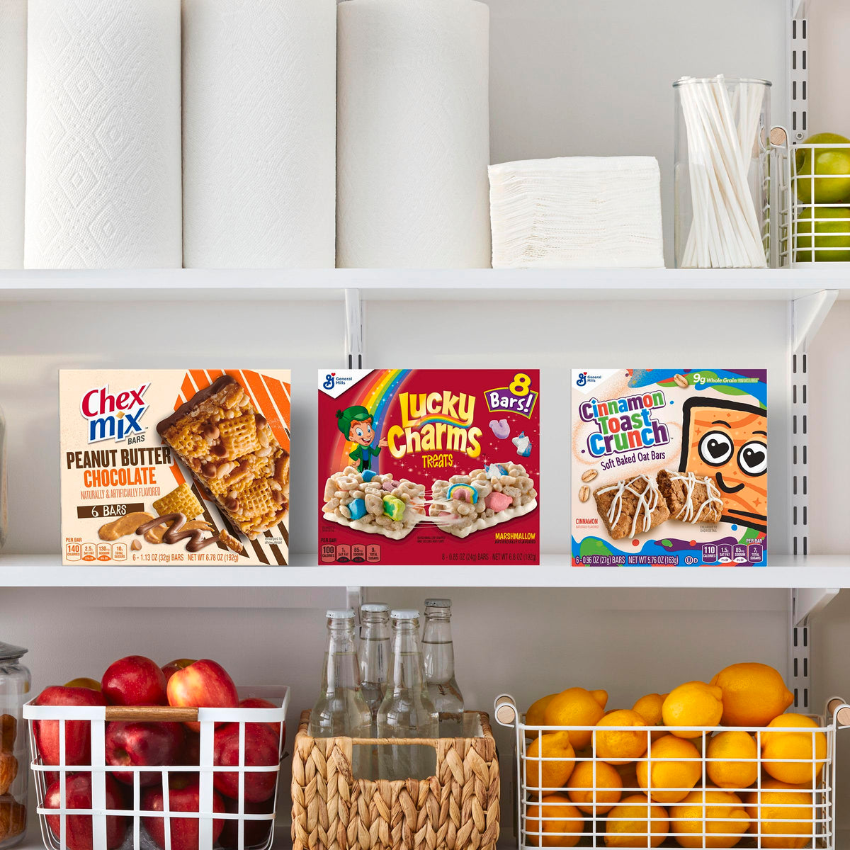 Lucky Charms Treat Bars six-box carton on kitchen counter.