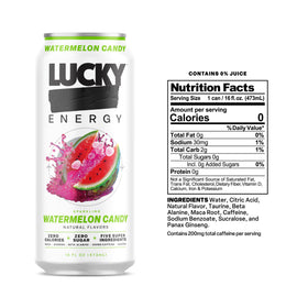 Lucky Energy 12-pack on shelf shows convenient zero-sugar energy for busy days.