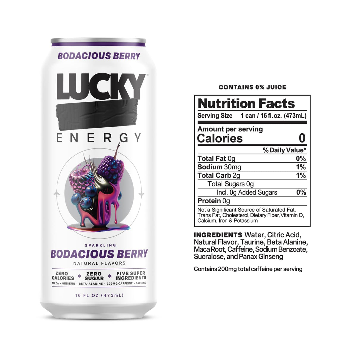 Lucky Energy Bodacious Berry can being poured into a glass for sustained focus