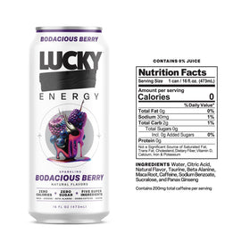 Lucky Energy Bodacious Berry can being poured into a glass for sustained focus