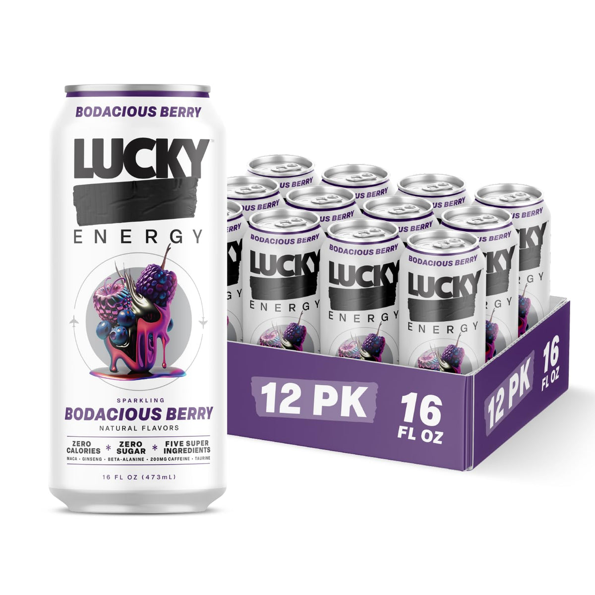 Lucky Energy Bodacious Berry front can shows zero sugar energy for workouts