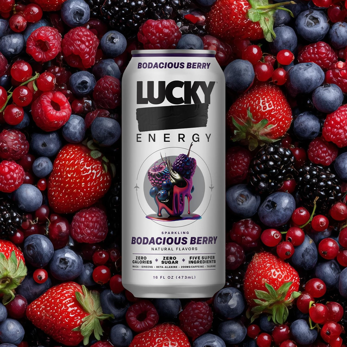 Lucky Energy Bodacious Berry glass with ice signals refreshing energy during busy days