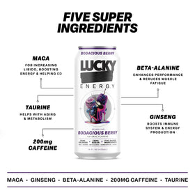 Lucky Energy Bodacious Berry label close-up highlighting maca ginseng caffeine blend