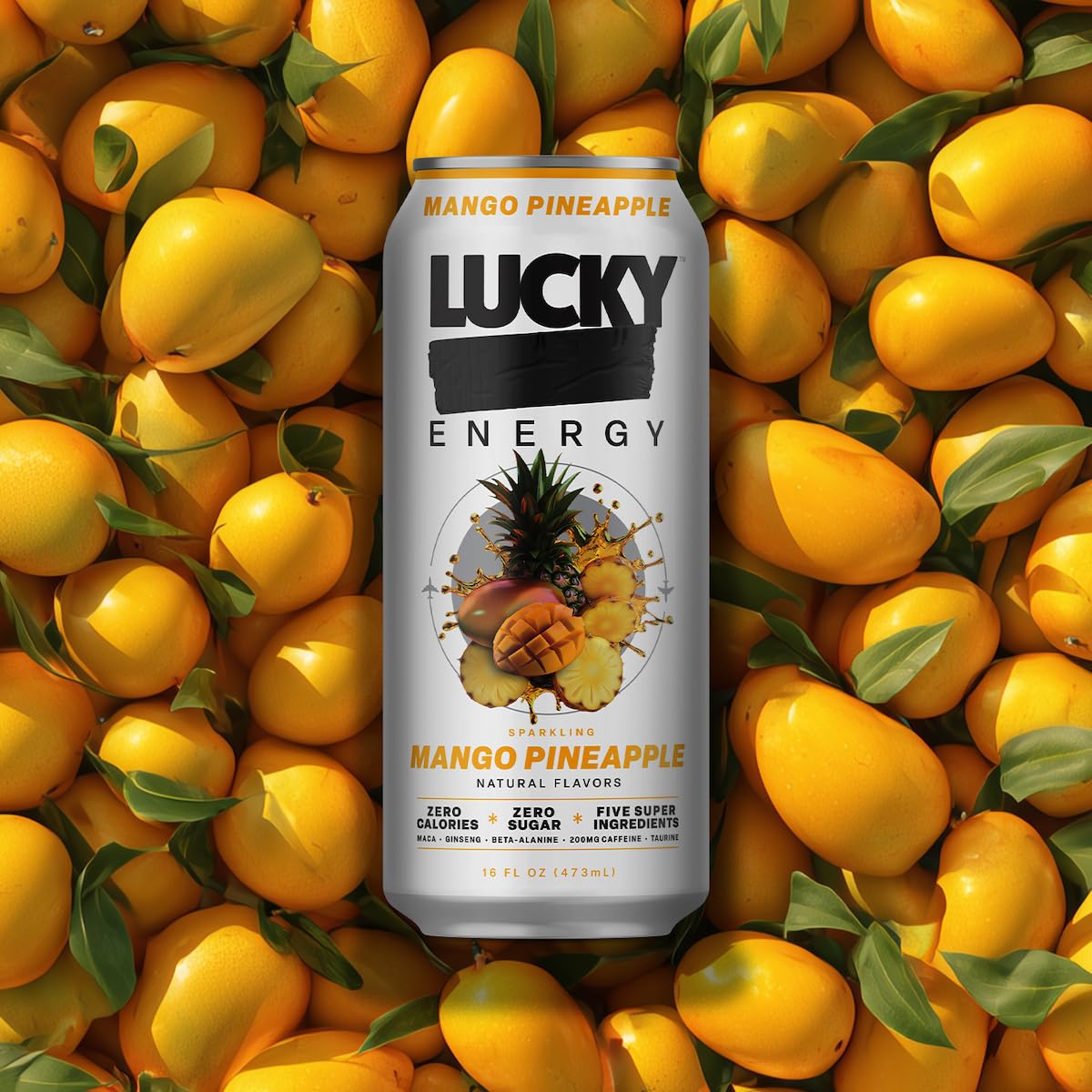 Lucky Energy label close-up highlights caffeine and beta-alanine for steady power.