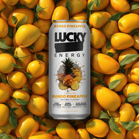Lucky Energy label close-up highlights caffeine and beta-alanine for steady power.