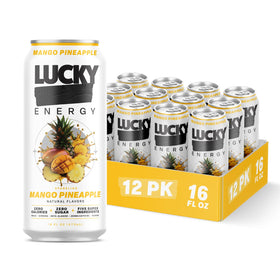 Lucky Energy Mango Pineapple can close-up showing zero sugar energy for on-the-go focus.