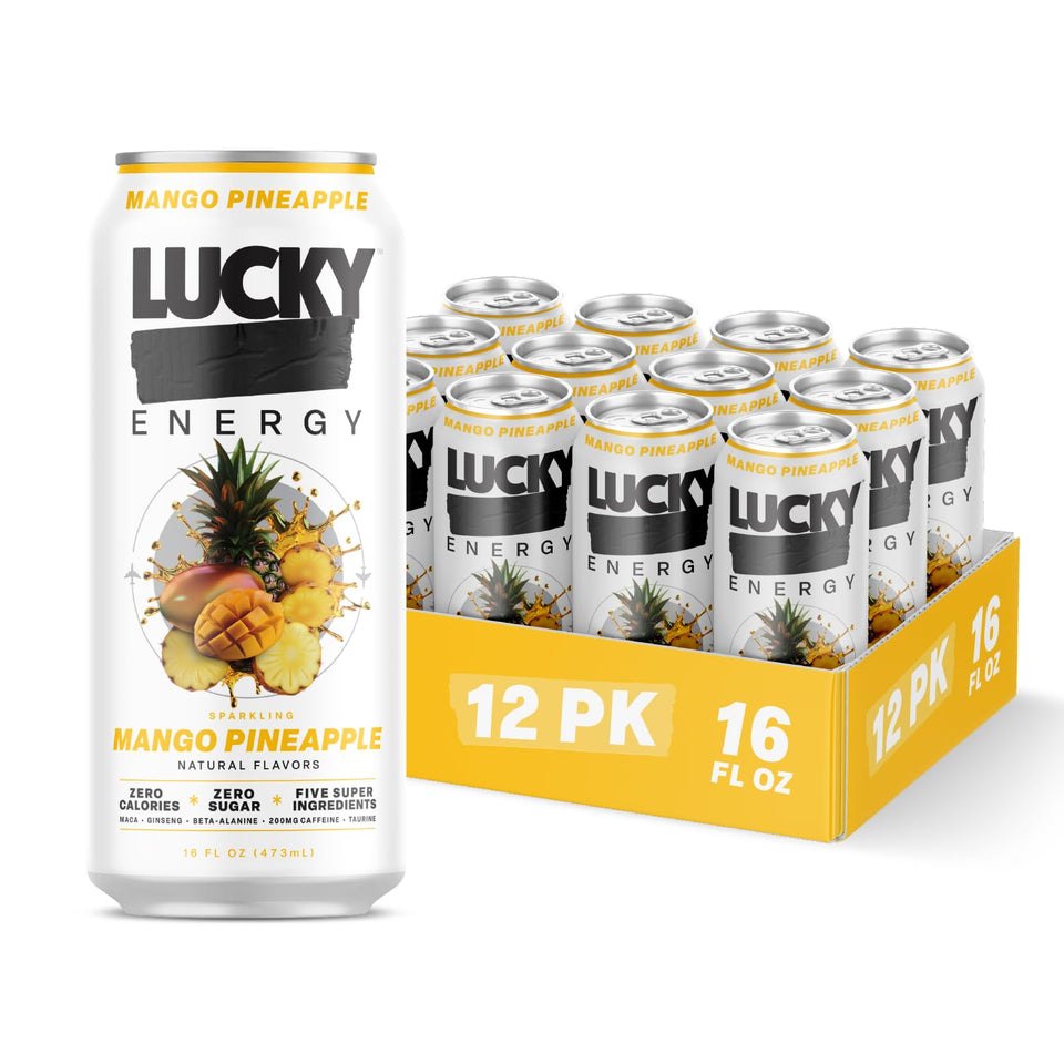 Lucky Energy Mango Pineapple can close-up showing zero sugar energy for on-the-go focus.