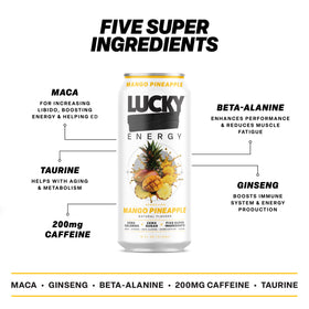 Lucky Energy Mango Pineapple can side view emphasizes bold flavor and lasting stamina.
