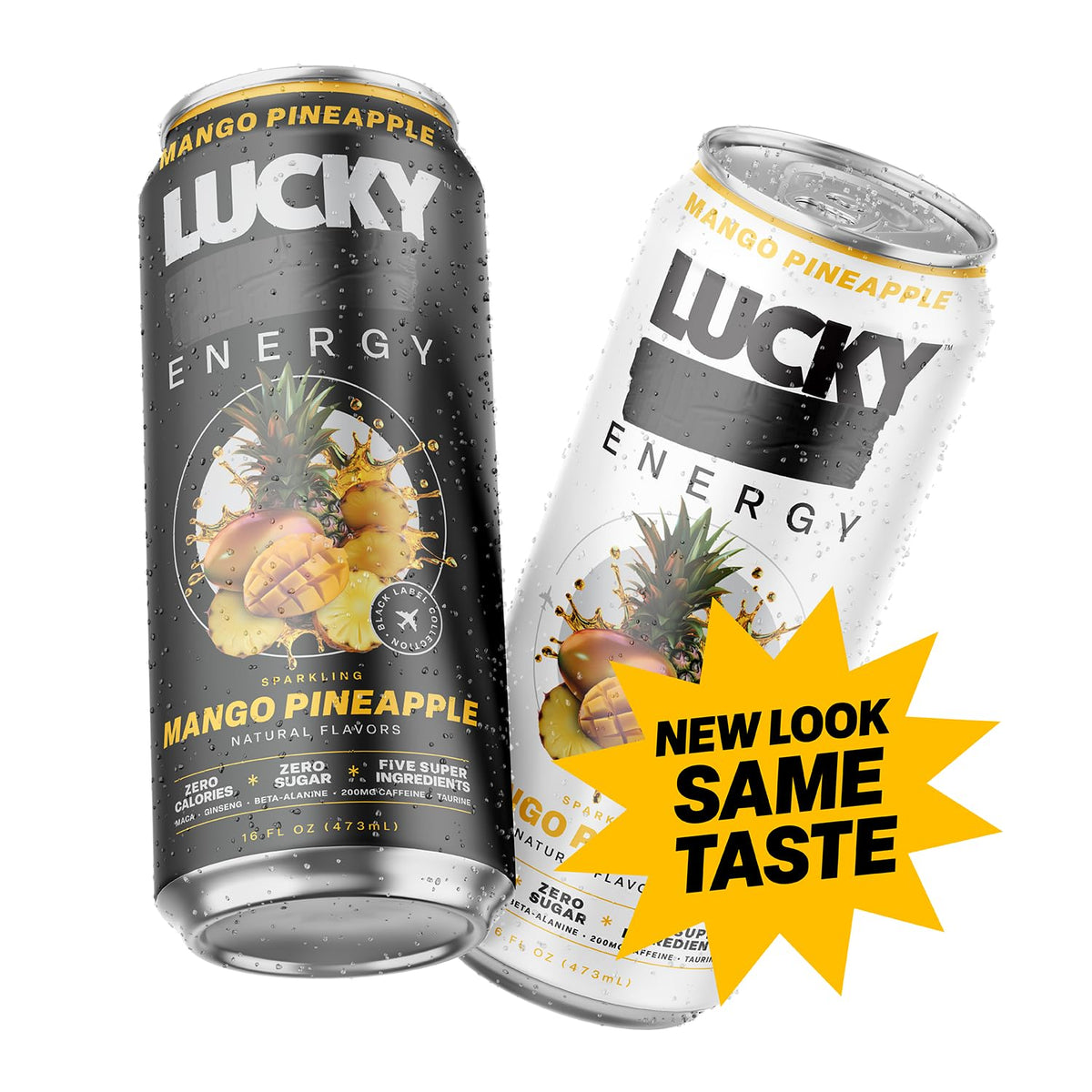 Lucky Energy Mango Pineapple bottle pour captures a quick, sugar-free energy boost.