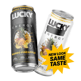 Lucky Energy Mango Pineapple bottle pour captures a quick, sugar-free energy boost.