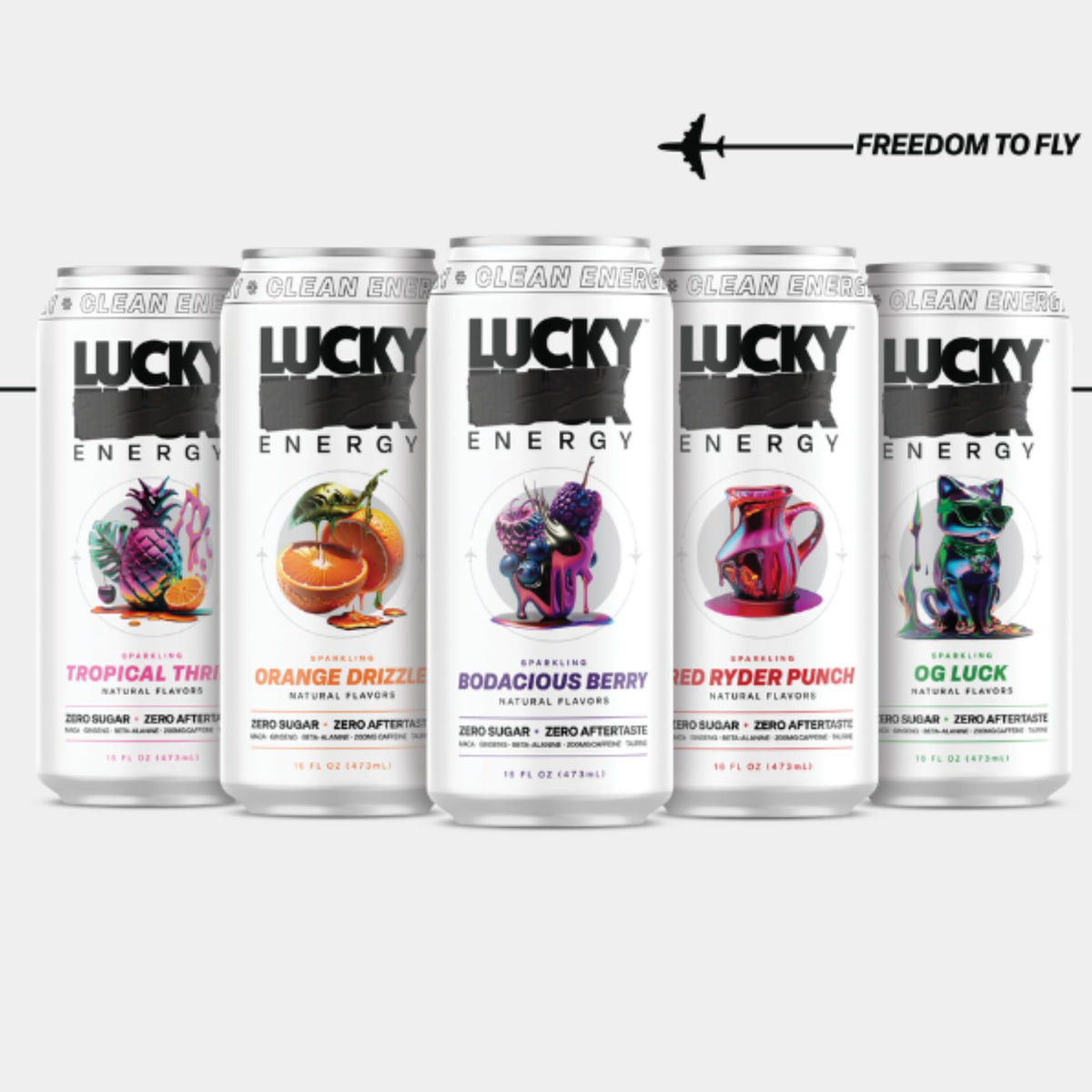 Lucky Energy on-the-go scene with busy lifestyle and quick sips.