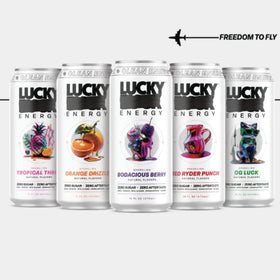 Lucky Energy on-the-go scene with busy lifestyle and quick sips.