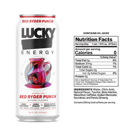 Lucky Energy Red Ryder Punch label close-up highlighting zero sugar and clean energy.