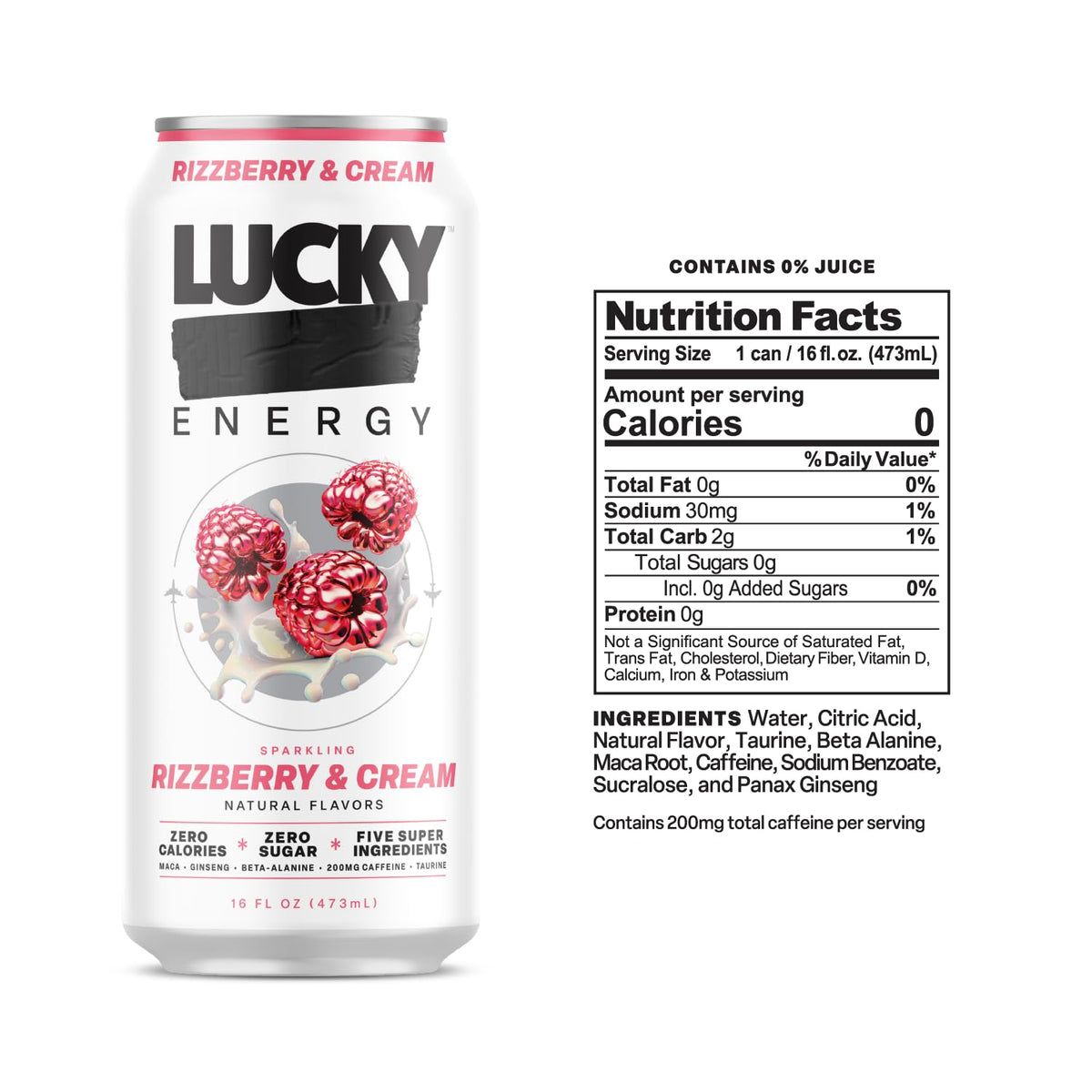 Lucky Energy Rizzberry-Cream label shows zero sugar and clean energy.