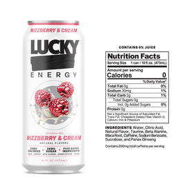 Lucky Energy Rizzberry-Cream label shows zero sugar and clean energy.
