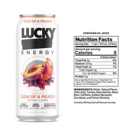 Lucky Energy Son of a Peach chilling can in the fridge for instant caffeine boost.