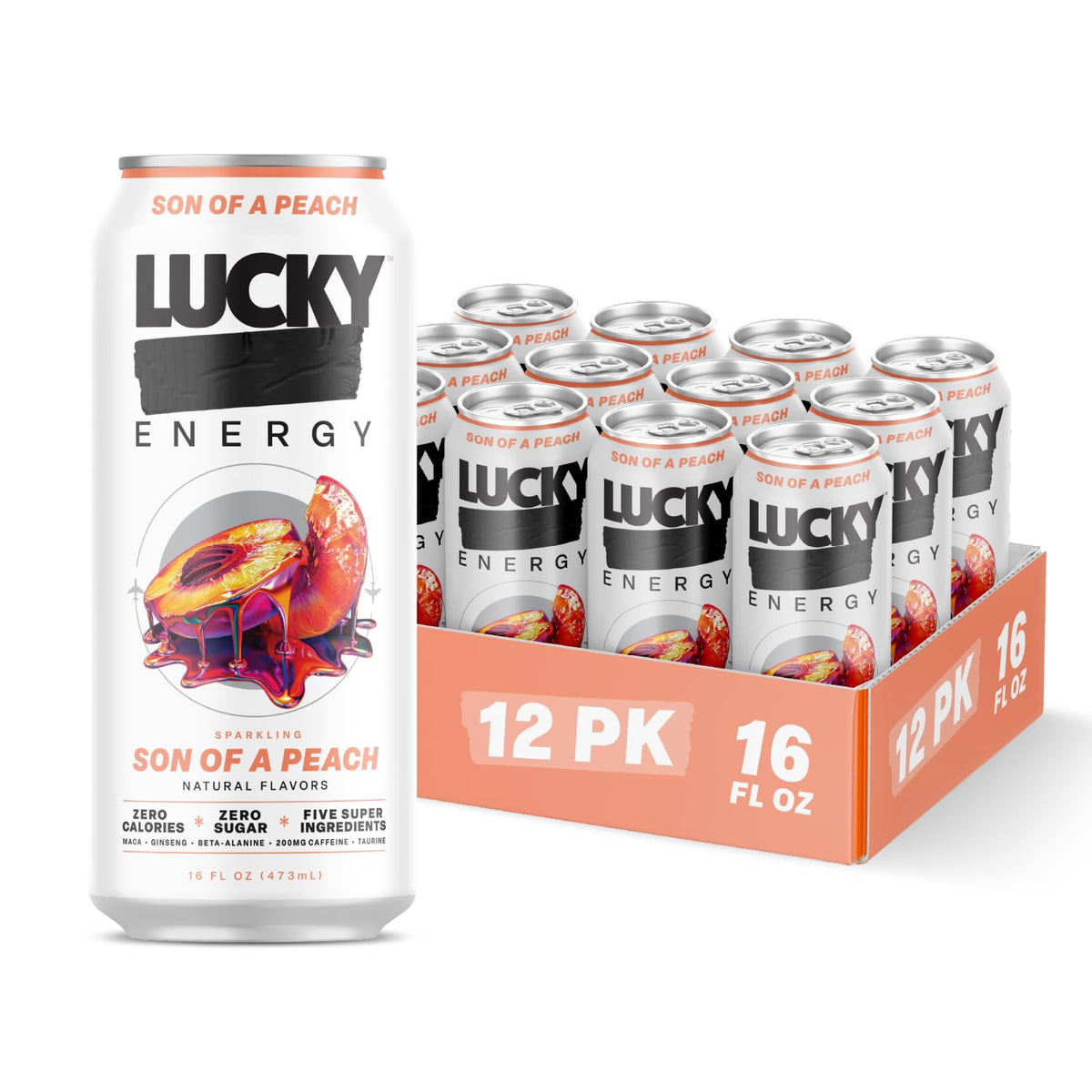 Lucky Energy Son of a Peach front view can for zero sugar energy during daytime workouts.