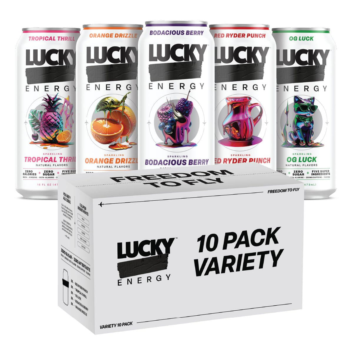 Lucky Energy sugar-free 16oz can pour for quick, clean energy.