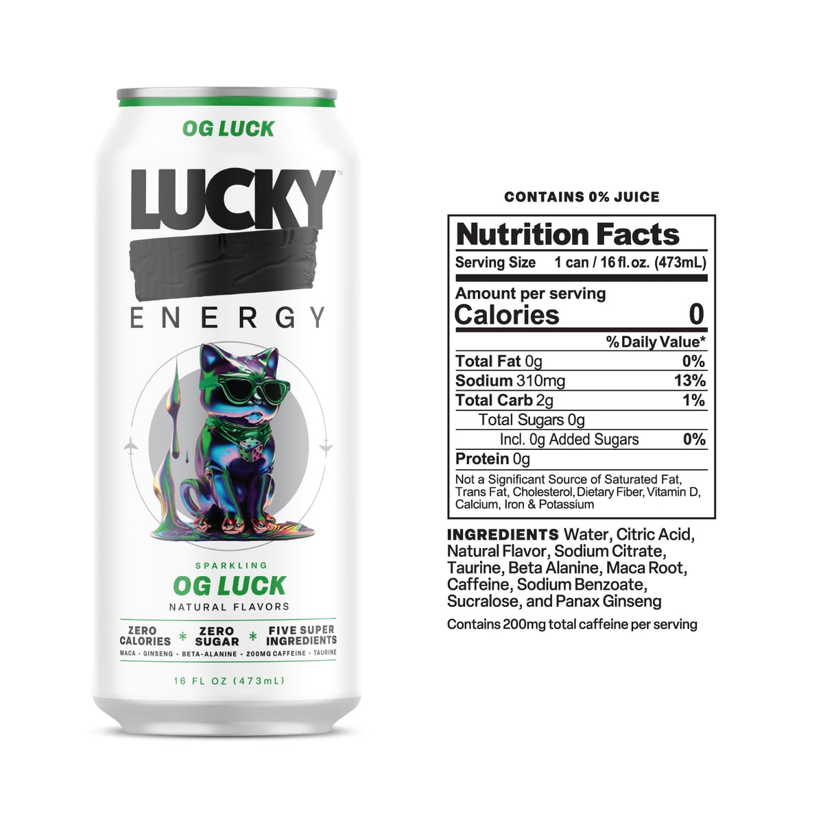 Lucky Energy sugar-free label close-up highlighting zero sugar and bold flavor.