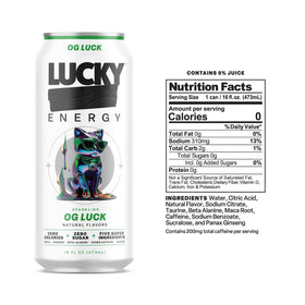 Lucky Energy sugar-free label close-up highlighting zero sugar and bold flavor.
