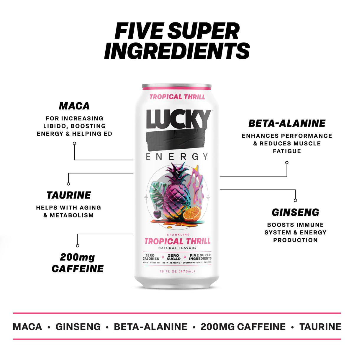 Lucky Energy Tropical Thrill can angled view showing energy boost on the go
