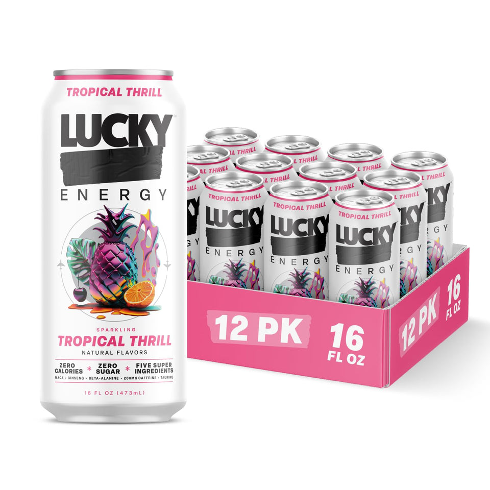 Lucky Energy Tropical Thrill can front with zero sugar and bold flavor