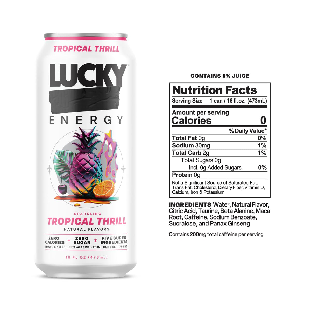 Lucky Energy Tropical Thrill label closeup highlighting maca and ginseng blend