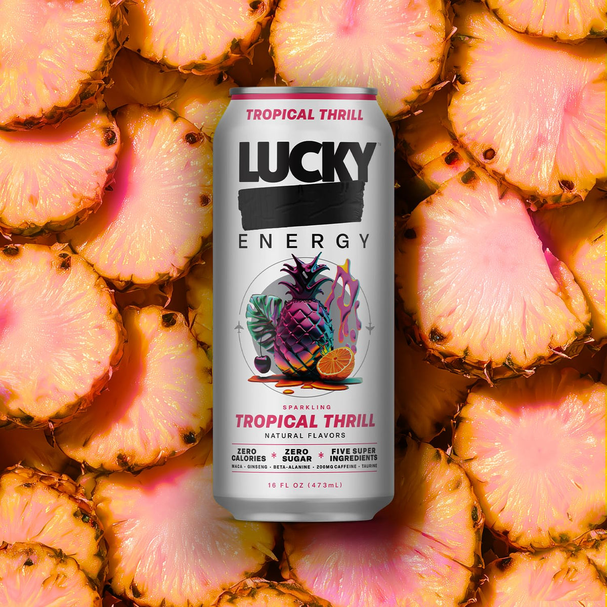 Lucky Energy Tropical Thrill 12-pack display for convenient sharing
