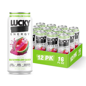 Lucky Energy watermelon candy 16oz can offers clean energy on demand.