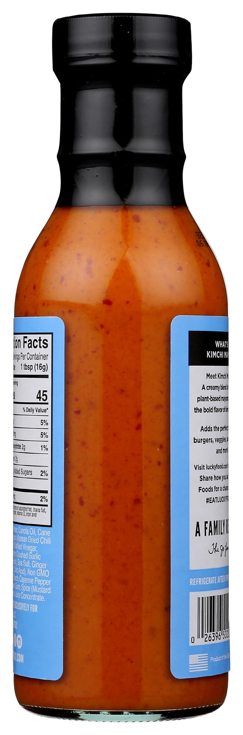 Lucky Foods Kimchi Mayo bottle pour captures silky consistency ideal for sandwiches.