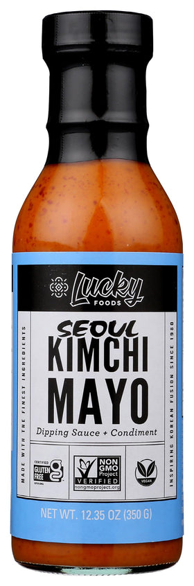 Lucky Foods Kimchi Mayo jar cap close-up showing creamy texture for bold flavor.