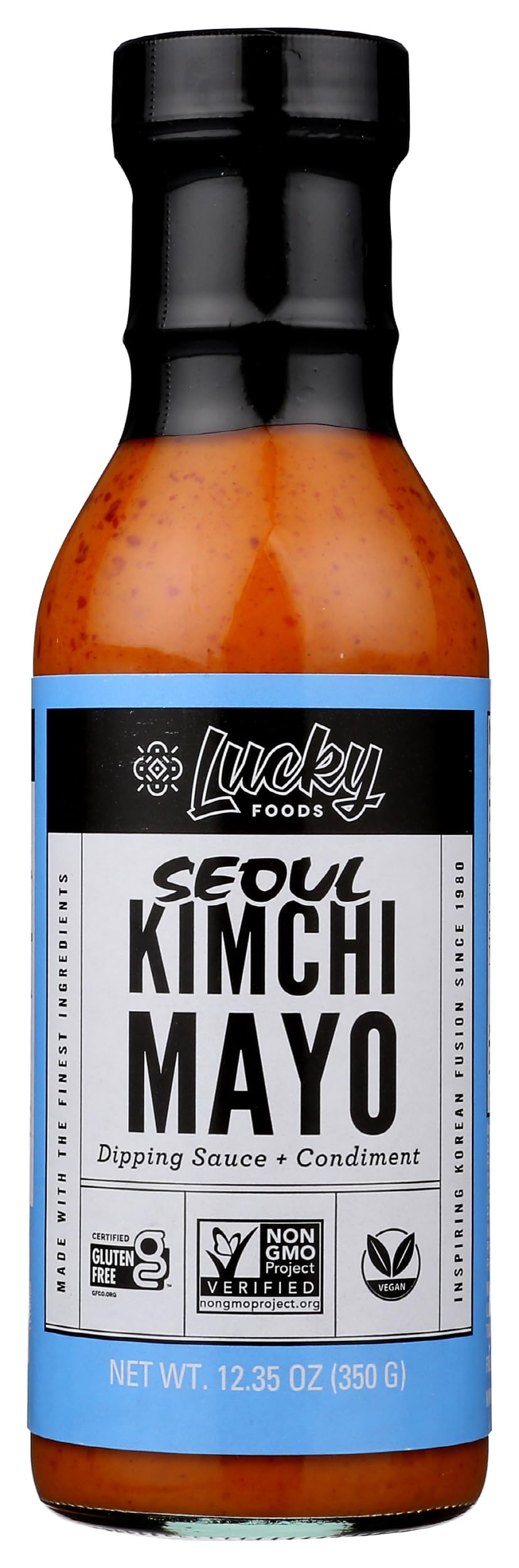 Lucky Foods Kimchi Mayo jar cap close-up showing creamy texture for bold flavor.
